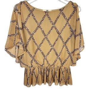 YA Los Angeles Tan Leopard Print Blouse Womens S Sheer Short Sleeve cottagecore